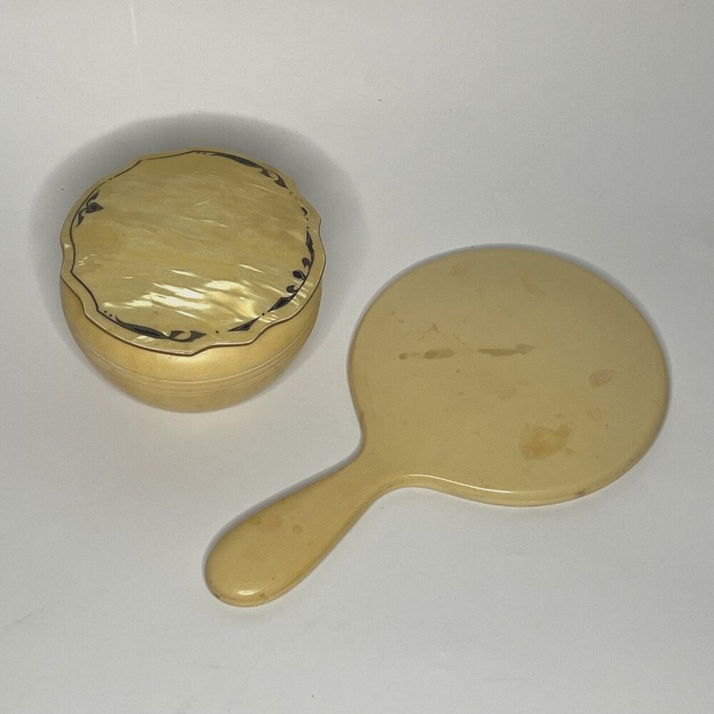 Vintage Vanity Set 3 pieces Hand Mirror, Box Container Powder with Lid